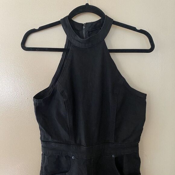 FREE PEOPLE Sz 8 CRVY SYDNEY HALTER DENIM JUMPSUIT BLACK Stretch Bell Bottom M - Picture 10 of 10